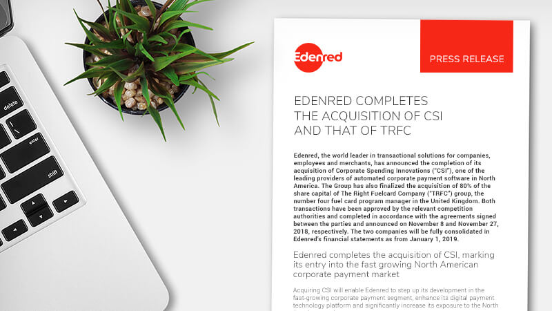 Edenred Completes Acquisition of Edenred Pay and TRFC